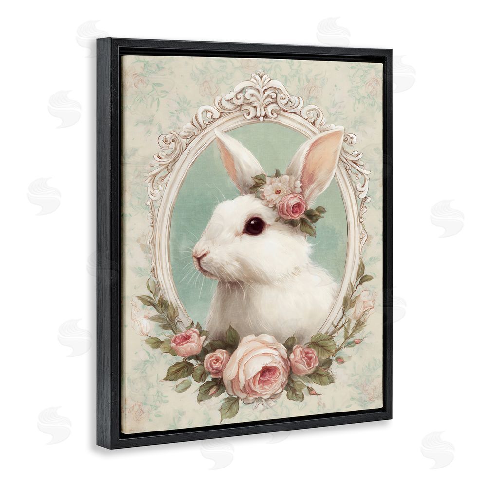 Ink Drop Loft Flower Fringed Bunny Portrait Black Floating Framed Canvas Wall Art