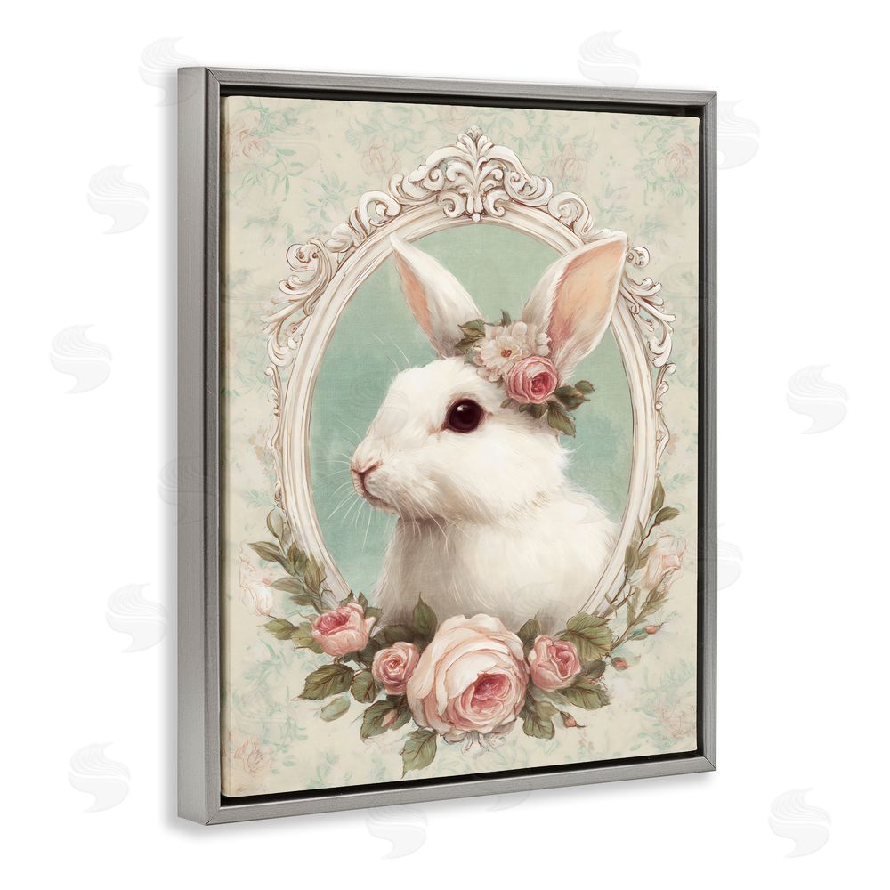 Ink Drop Loft Flower Fringed Bunny Portrait Gray Floating Framed Canvas Wall Art