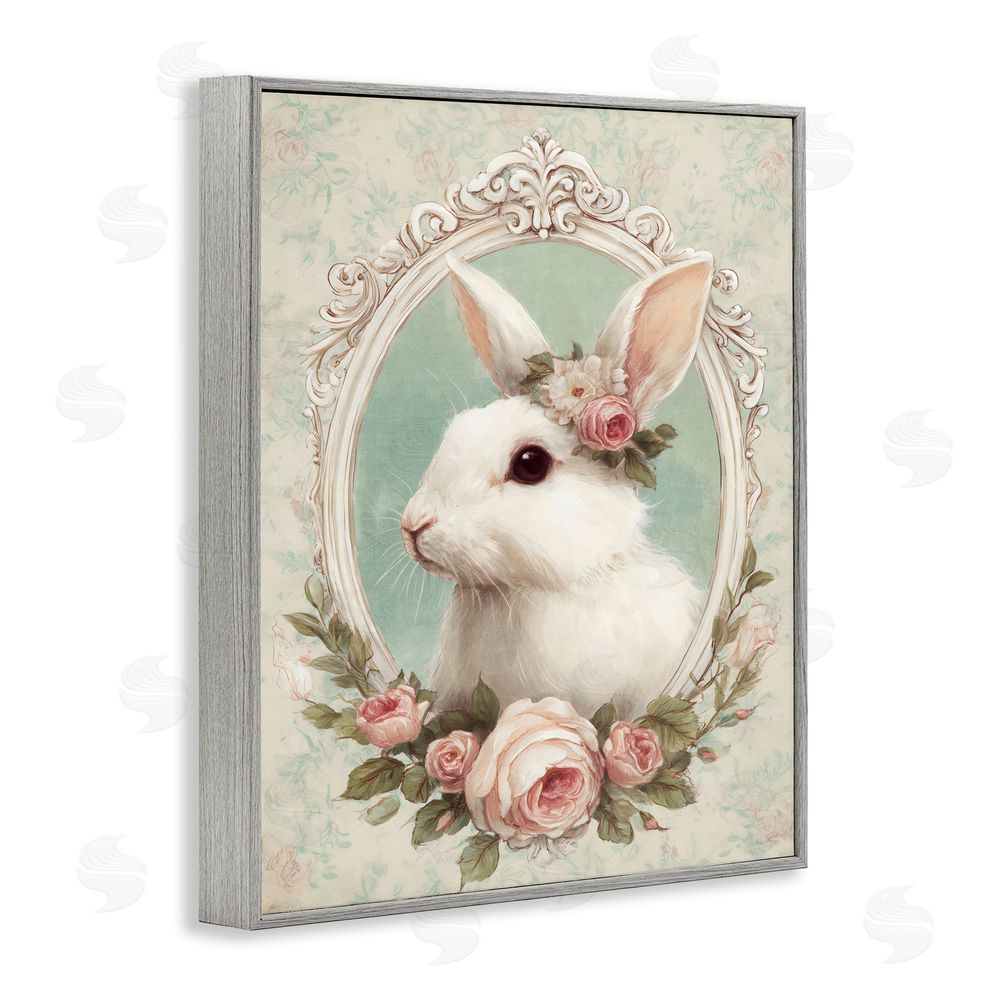 Ink Drop Loft Flower Fringed Bunny Portrait Gray Framed Giclee Wall Art