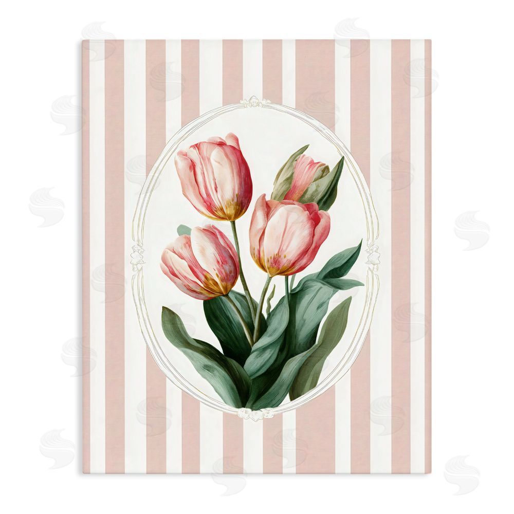 Ink Drop Loft Vintage Tulips on Stripes Stretched Canvas Wall Art Print