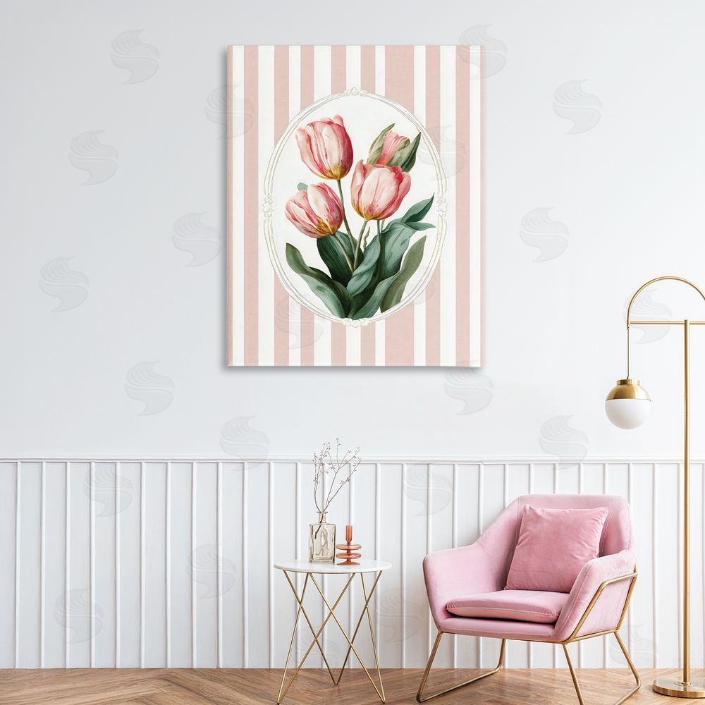 Ink Drop Loft Vintage Tulips on Stripes Stretched Canvas on Wall