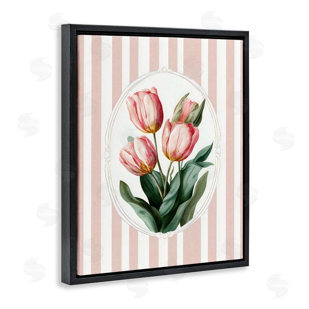 Ink Drop Loft Vintage Tulips on Stripes Black Floating Framed Canvas Wall Art Print
