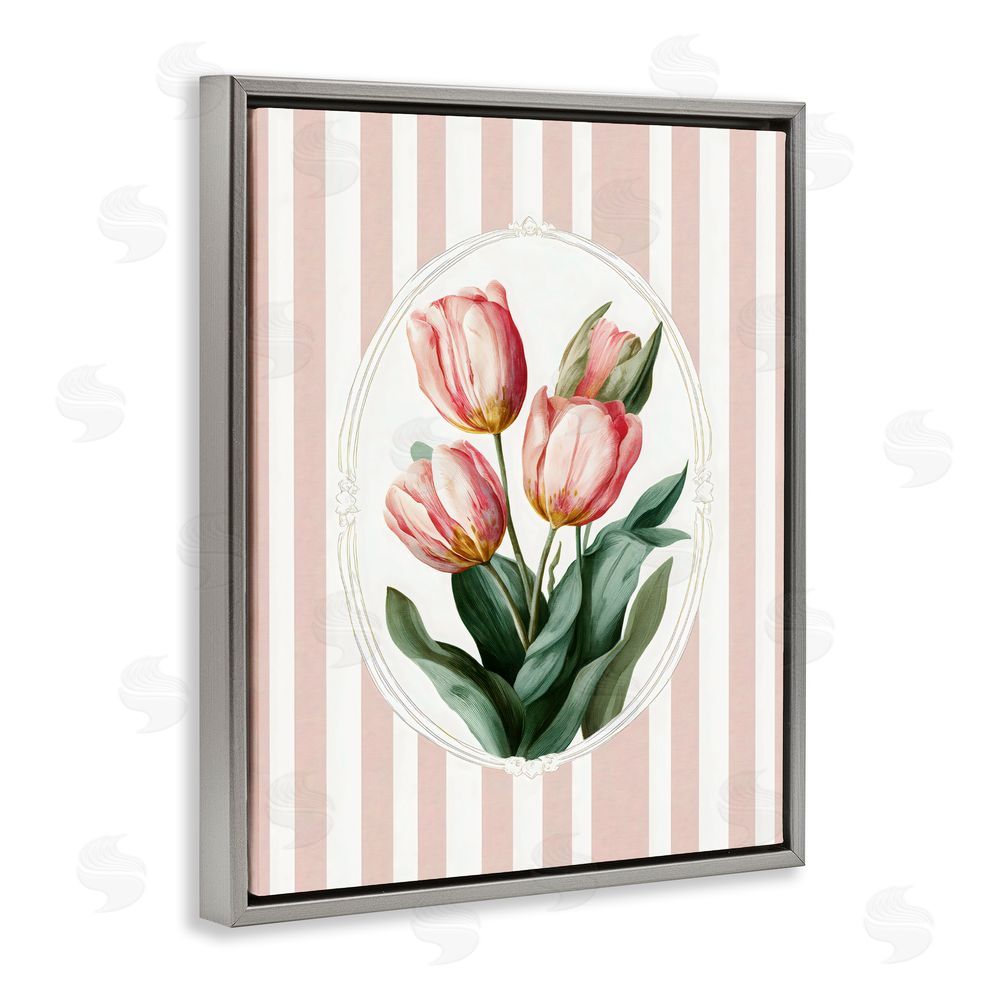 Ink Drop Loft Vintage Tulips on Stripes Gray Floating Framed Canvas Wall Art Print