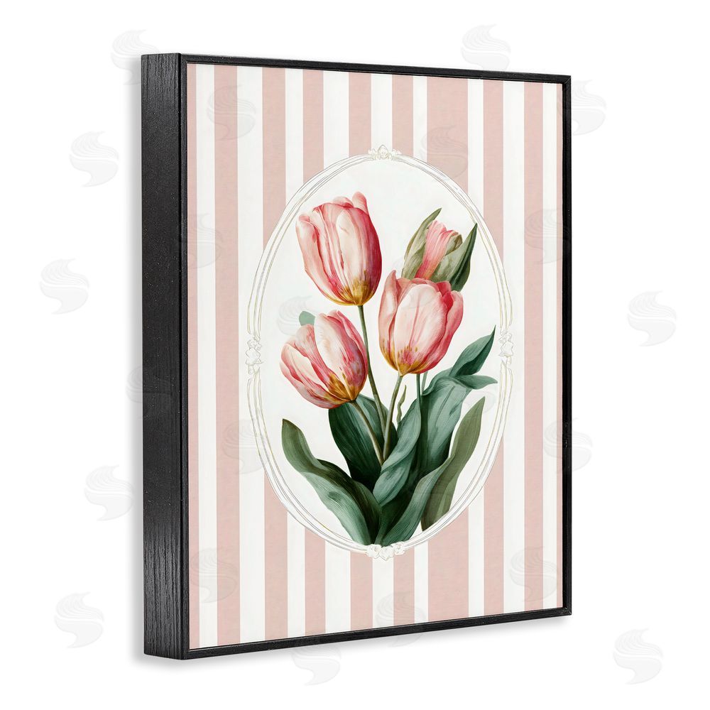 Ink Drop Loft Vintage Tulips on Stripes Black Framed Giclee Wall Art Print