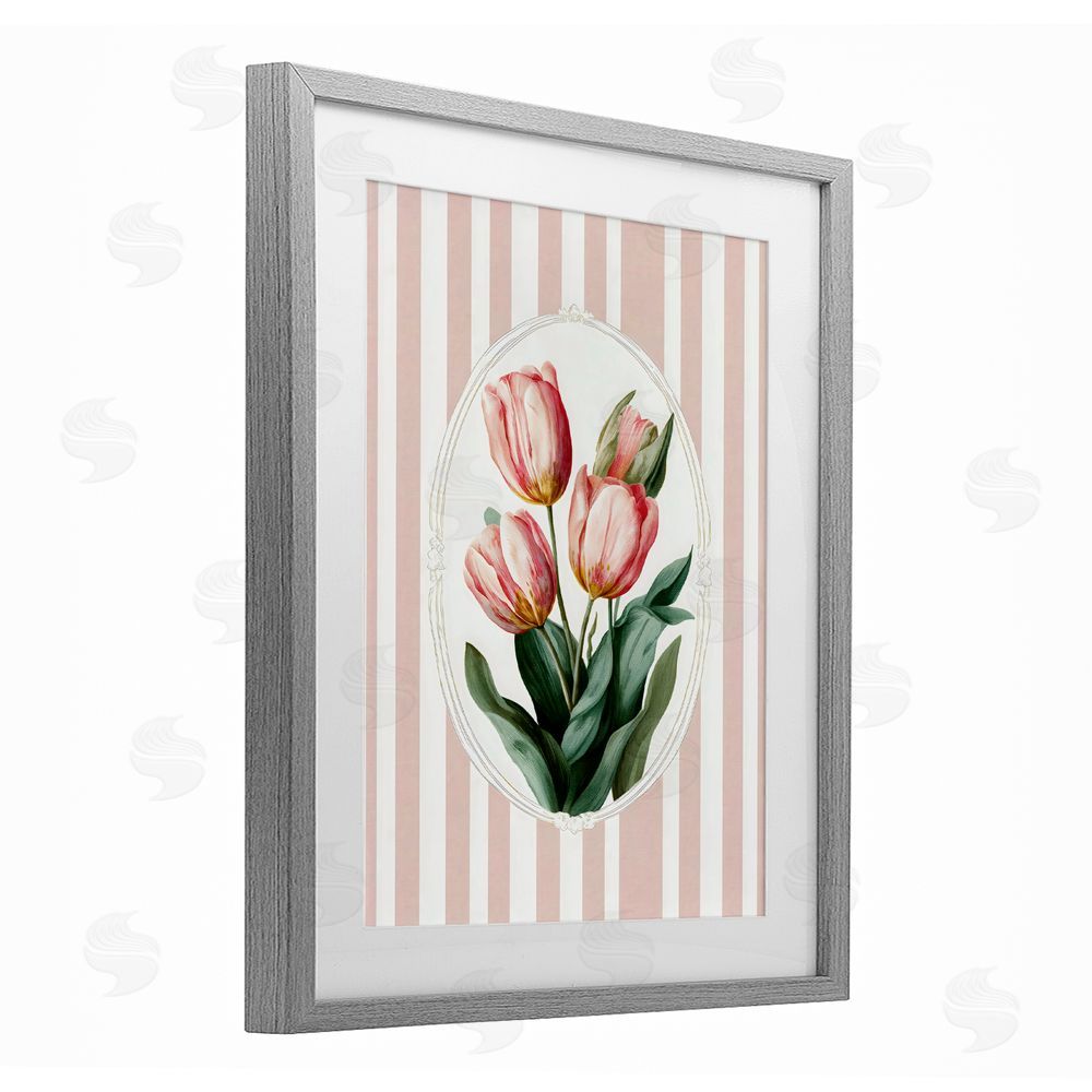 Ink Drop Loft Vintage Tulips on Stripes Gray Framed Print Under Glass with White Mat Wall Art