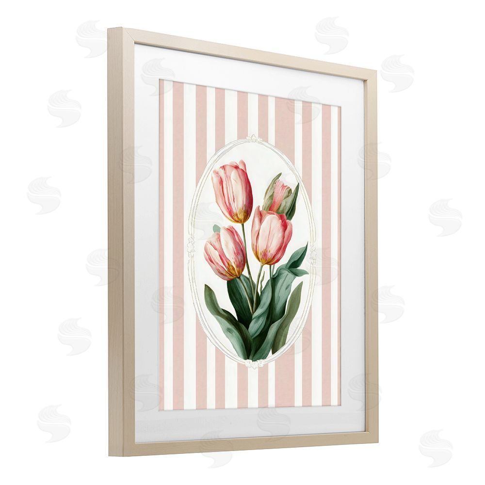 Ink Drop Loft Vintage Tulips on Stripes Brown Framed Print Under Glass with White Mat Wall Art