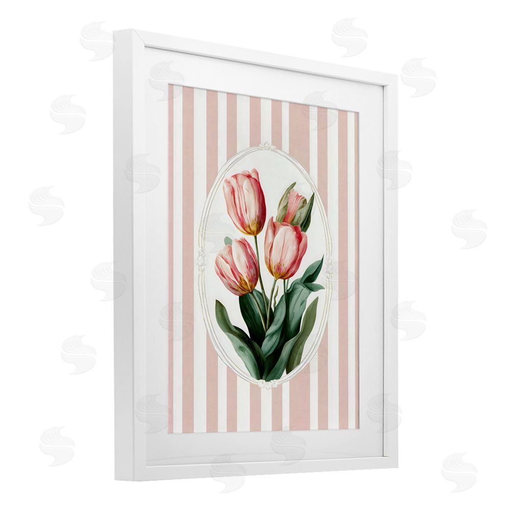 Ink Drop Loft Vintage Tulips on Stripes White Framed Print Under Glass with White Mat Wall Art