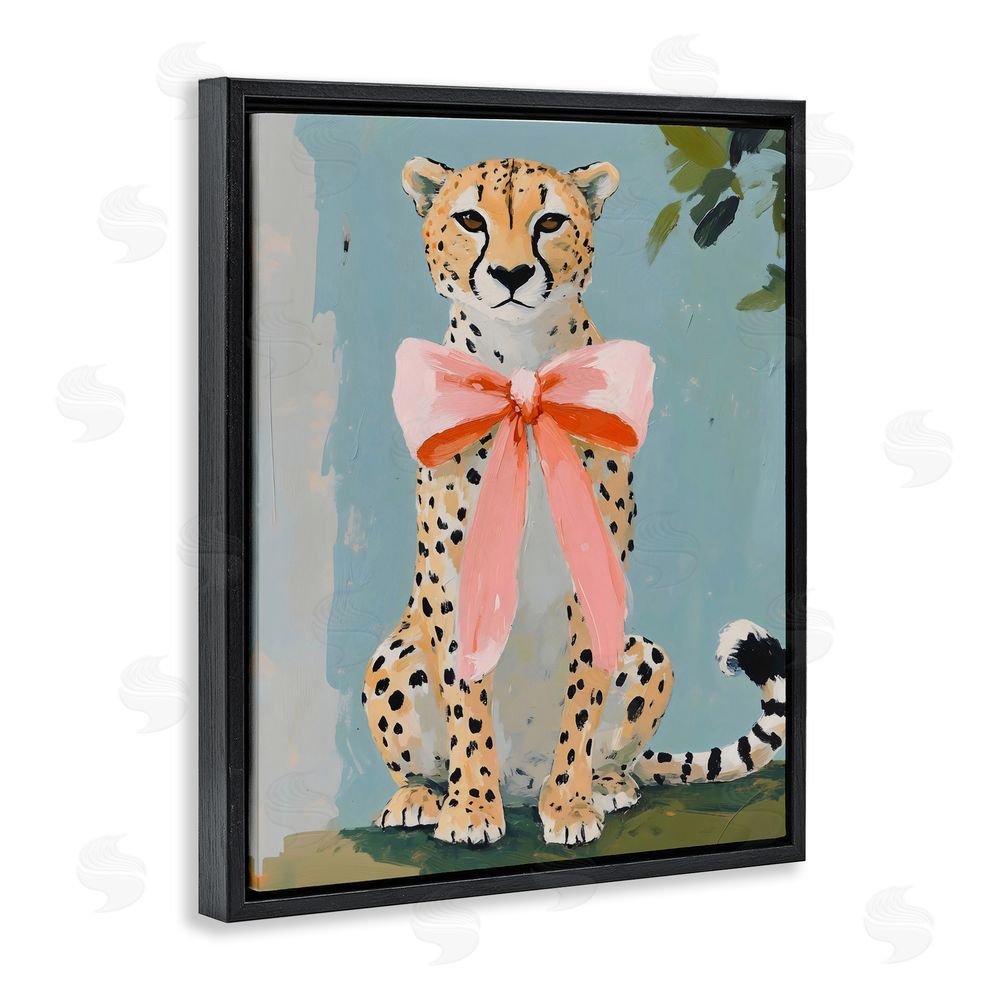 The Prints Vibe Cheetah with Big Pink Bow Black Floating Frame Canvas Wall Art Print