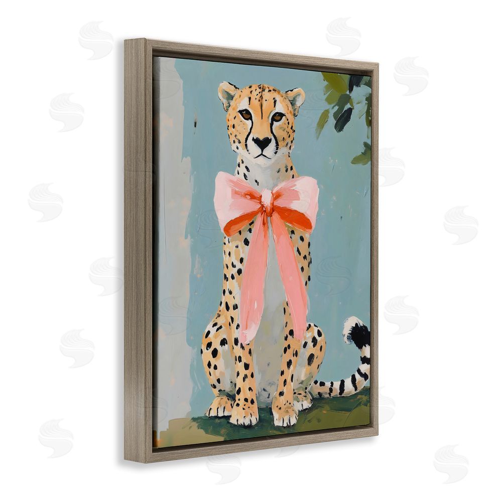 The Prints Vibe Cheetah with Big Pink Bow Brown Floating Frame Canvas Wall Art Print