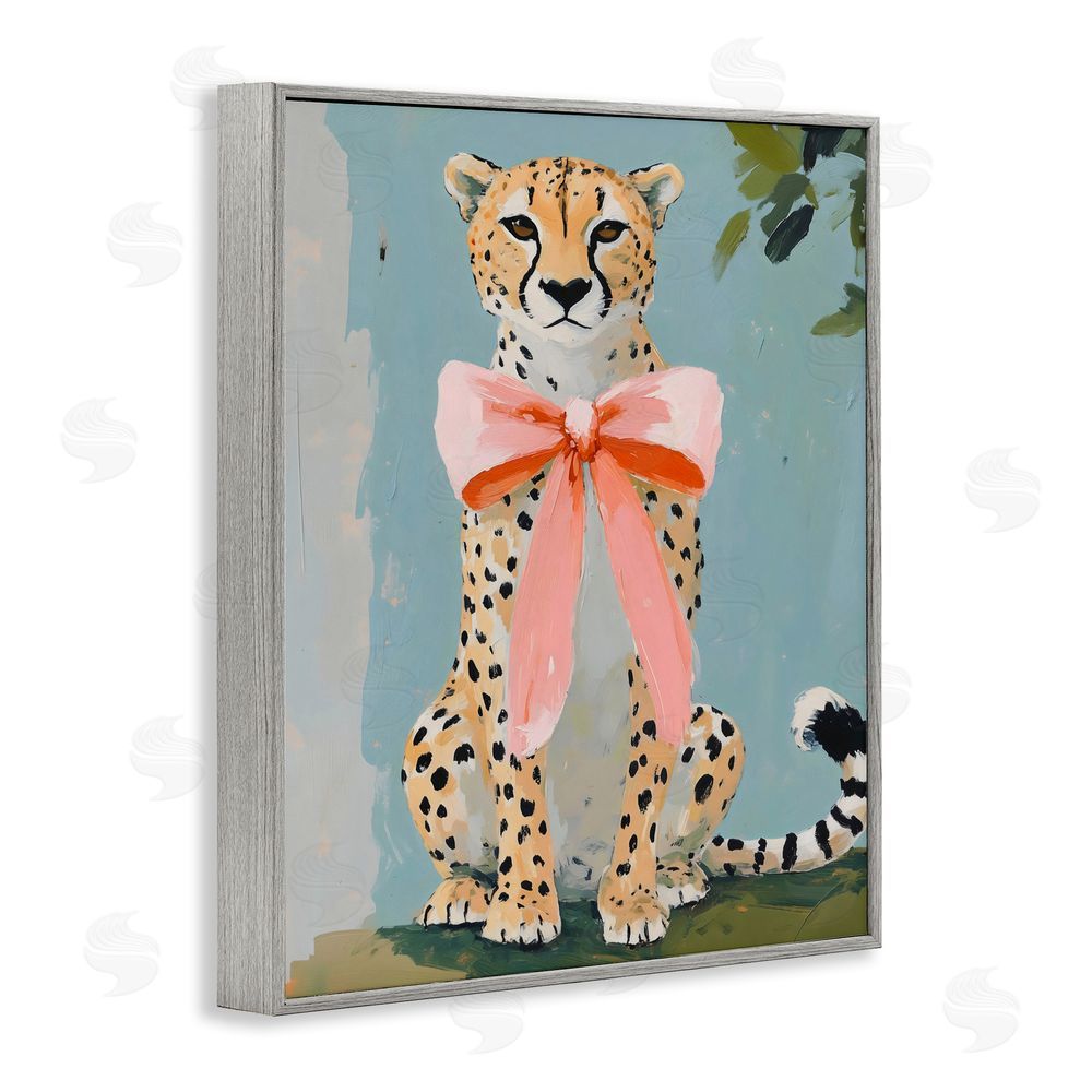 The Prints Vibe Cheetah with Big Pink Bow Gray Framed Giclee Wall Art Print