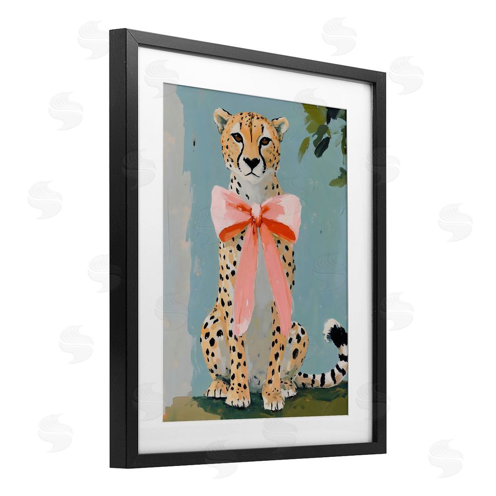The Prints Vibe Cheetah with Big Pink Bow Black Framed Print Under Glass Wall Art