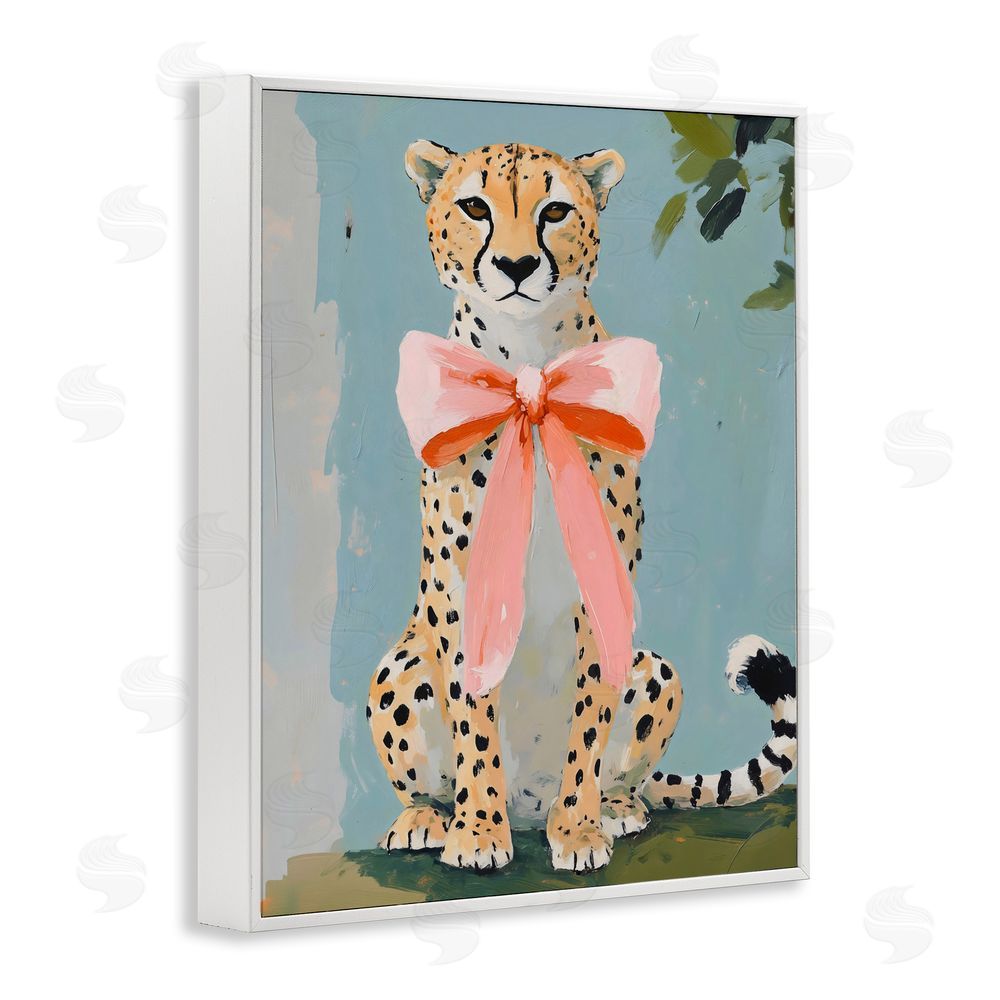 The Prints Vibe Cheetah with Big Pink Bow White Framed Giclee Wall Art Print