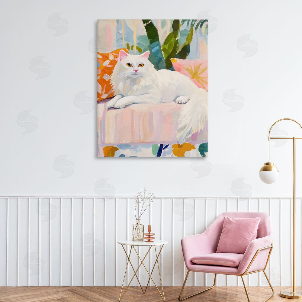 The Prints Vibe Fancy Cat on Pastel Sofa Stretched Canvas Wall Art in Room