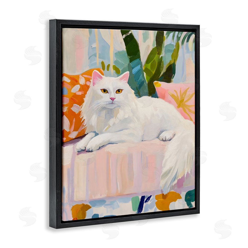 The Prints Vibe Fancy Cat on Pastel Sofa Black Floating Framed Canvas Wall Art