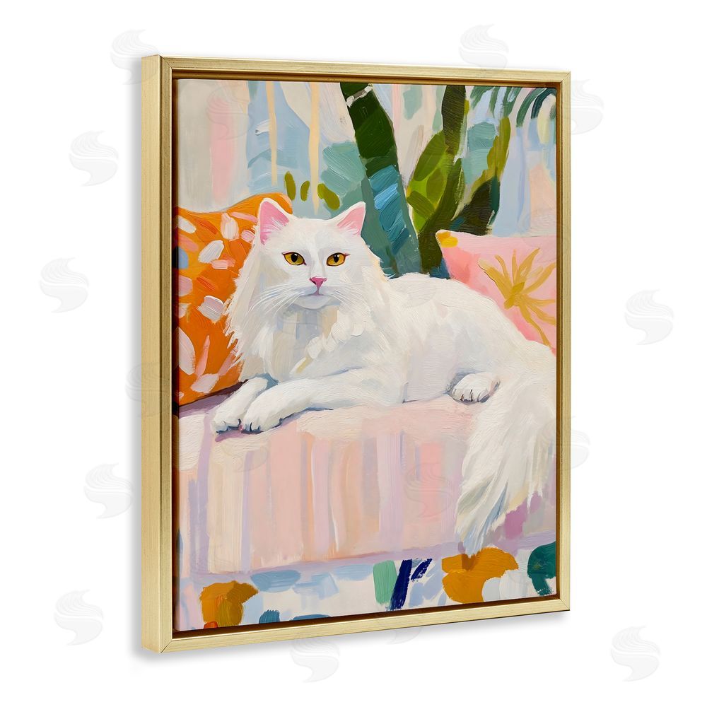 The Prints Vibe Fancy Cat on Pastel Sofa Gold Floating Framed Canvas Wall Art