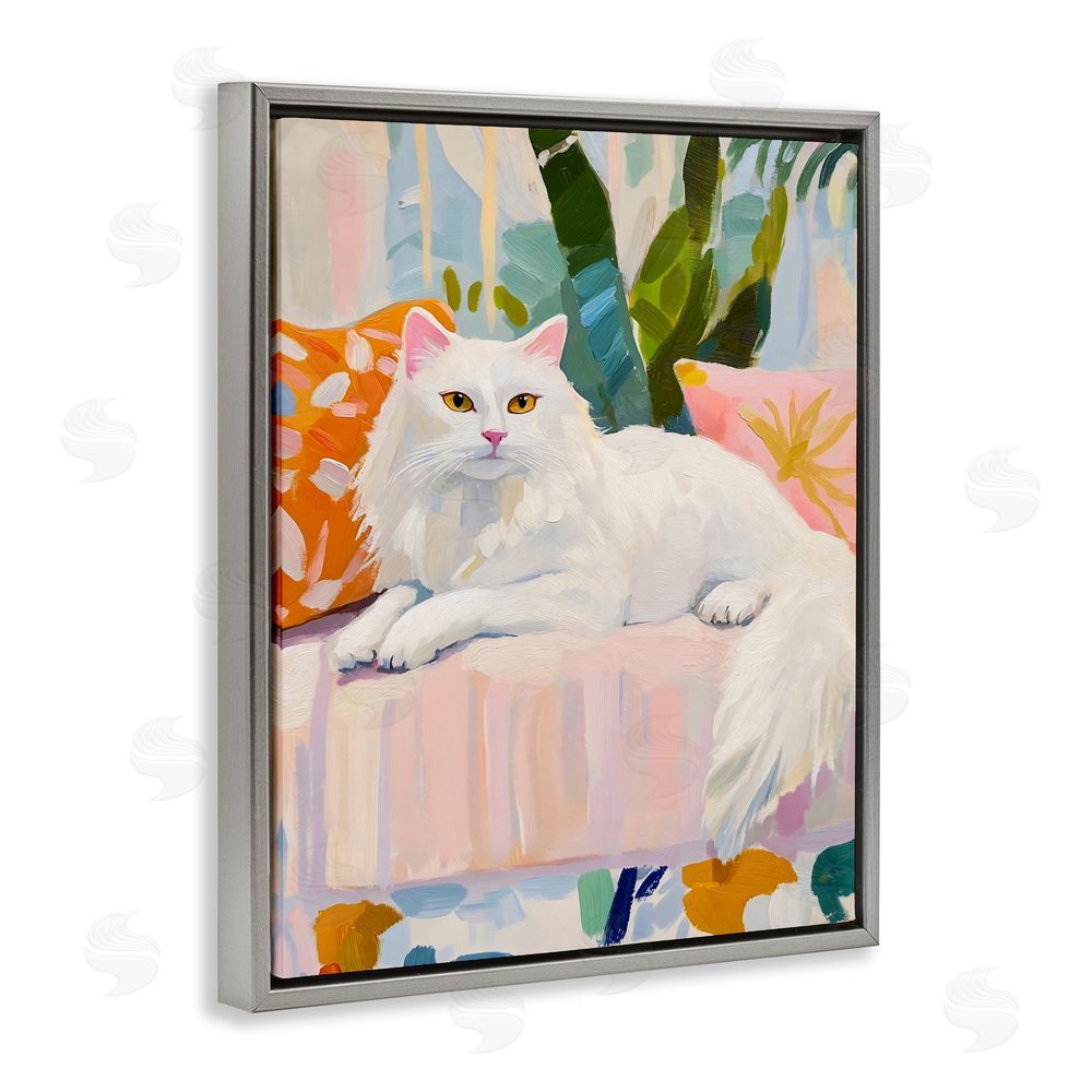 The Prints Vibe Fancy Cat on Pastel Sofa Gray Floating Framed Canvas Wall Art