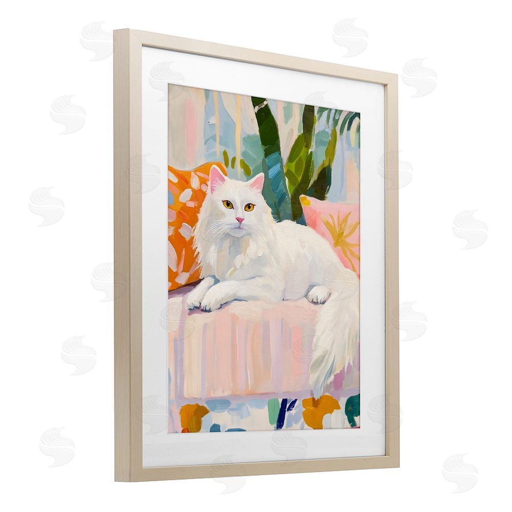 The Prints Vibe Fancy Cat on Pastel Sofa Brown Framed Print Under Glass Wall Art
