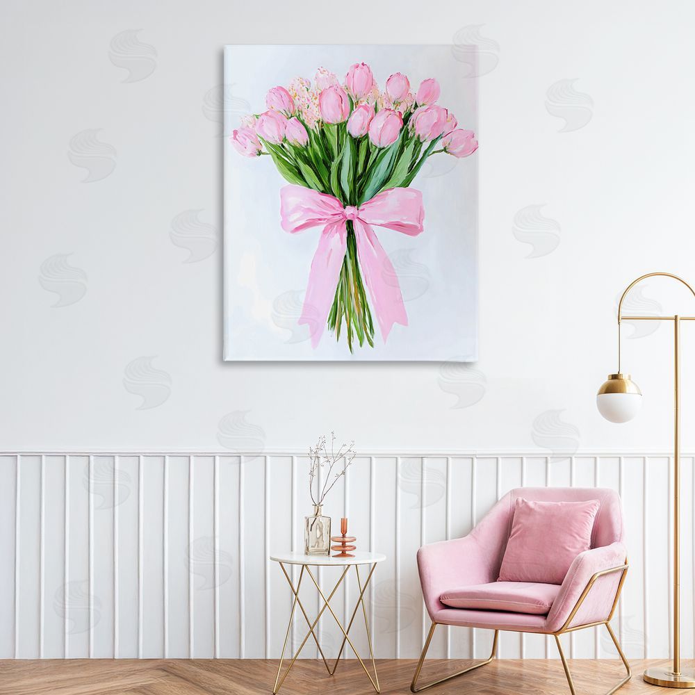 The Prints Vibe Soft Pink Tulips with Ribbon Stretched Canvas on Wall