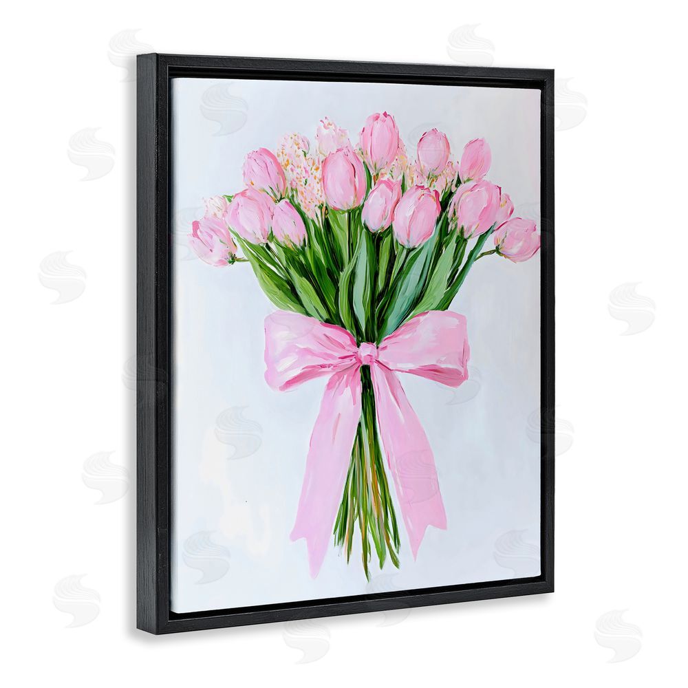 The Prints Vibe Soft Pink Tulips with Ribbon Black Floating Framed Canvas Wall Art Print