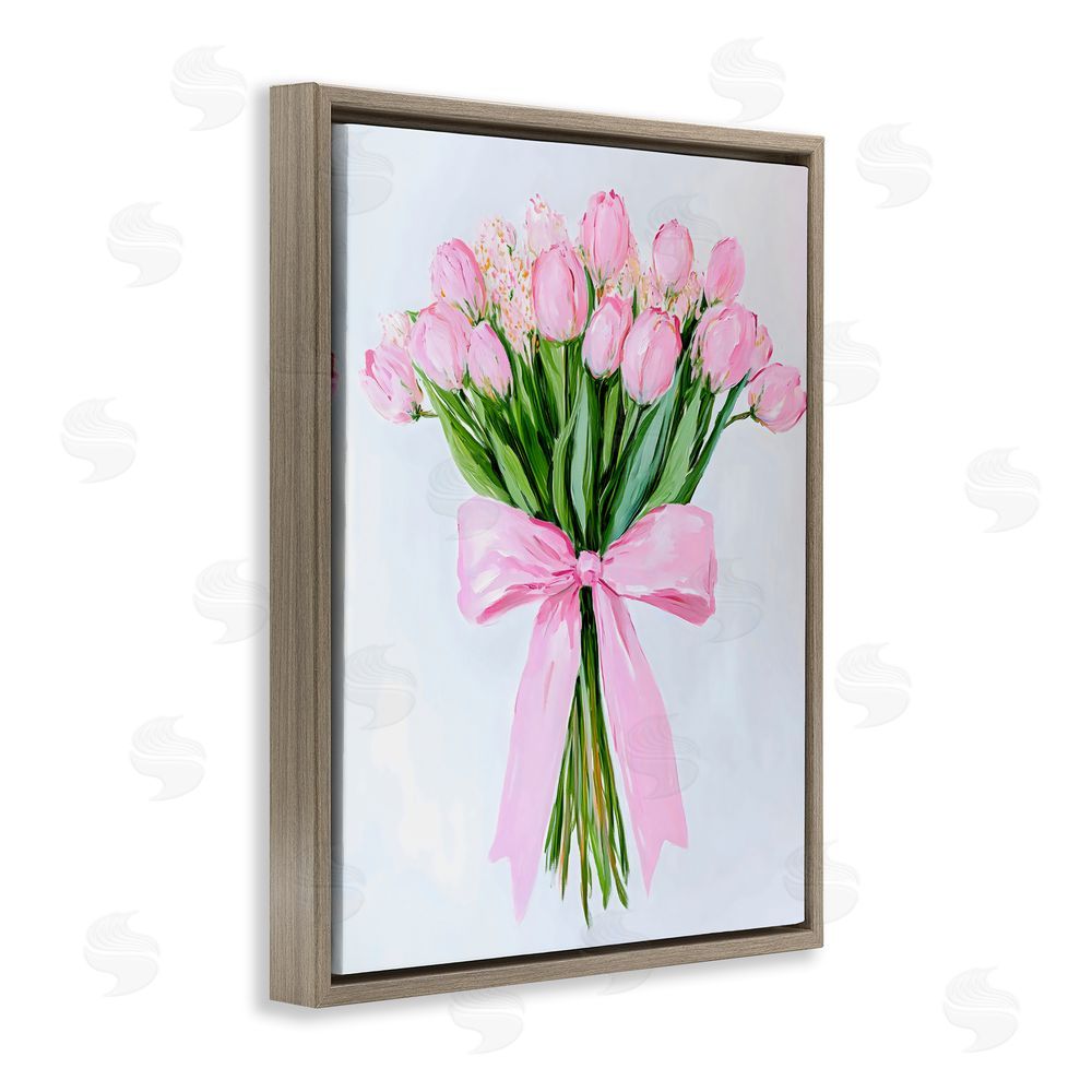 The Prints Vibe Soft Pink Tulips with Ribbon Brown Floating Framed Canvas Wall Art Print