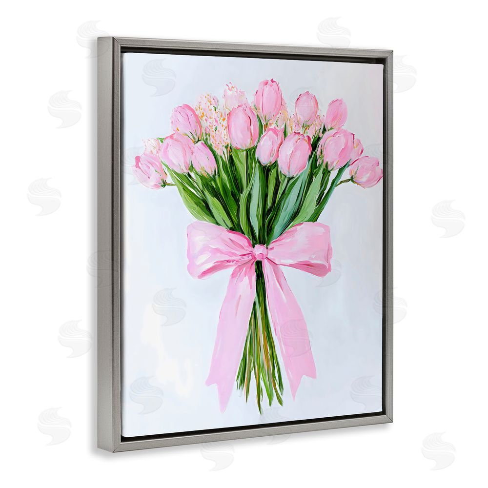 The Prints Vibe Soft Pink Tulips with Ribbon Gray Floating Framed Canvas Wall Art Print