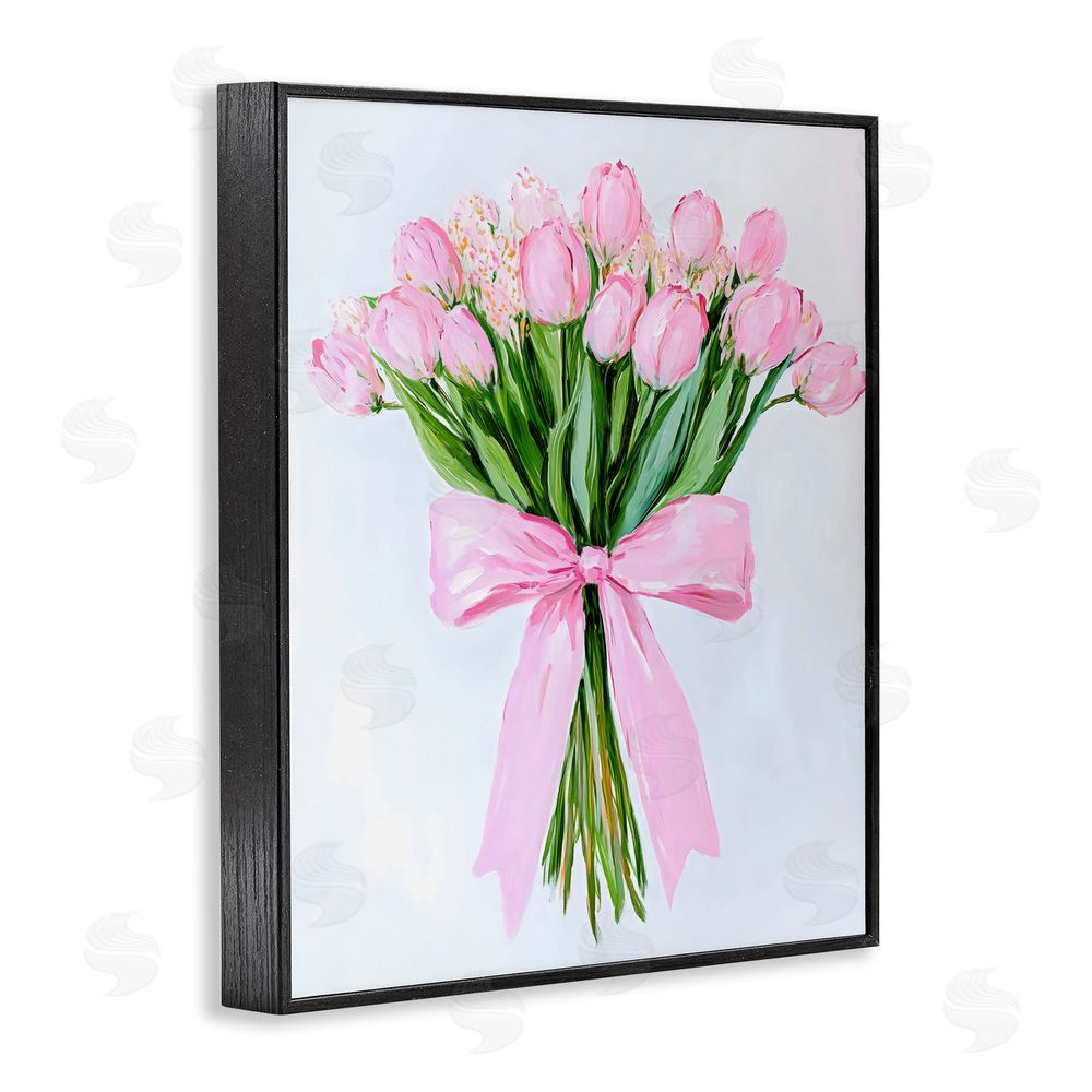 The Prints Vibe Soft Pink Tulips with Ribbon Black Framed Giclee Wall Art Print