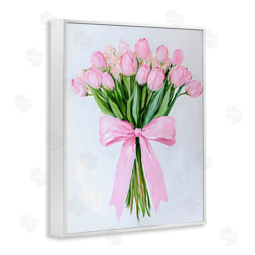The Prints Vibe Soft Pink Tulips with Ribbon White Framed Giclee Wall Art Print