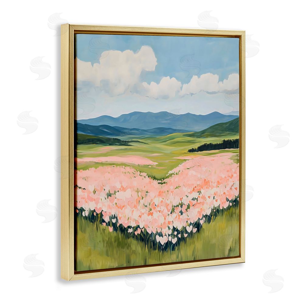 The Prints Vibe Heart Shaped Flower Field Gold Floating Framed Canvas Wall Art