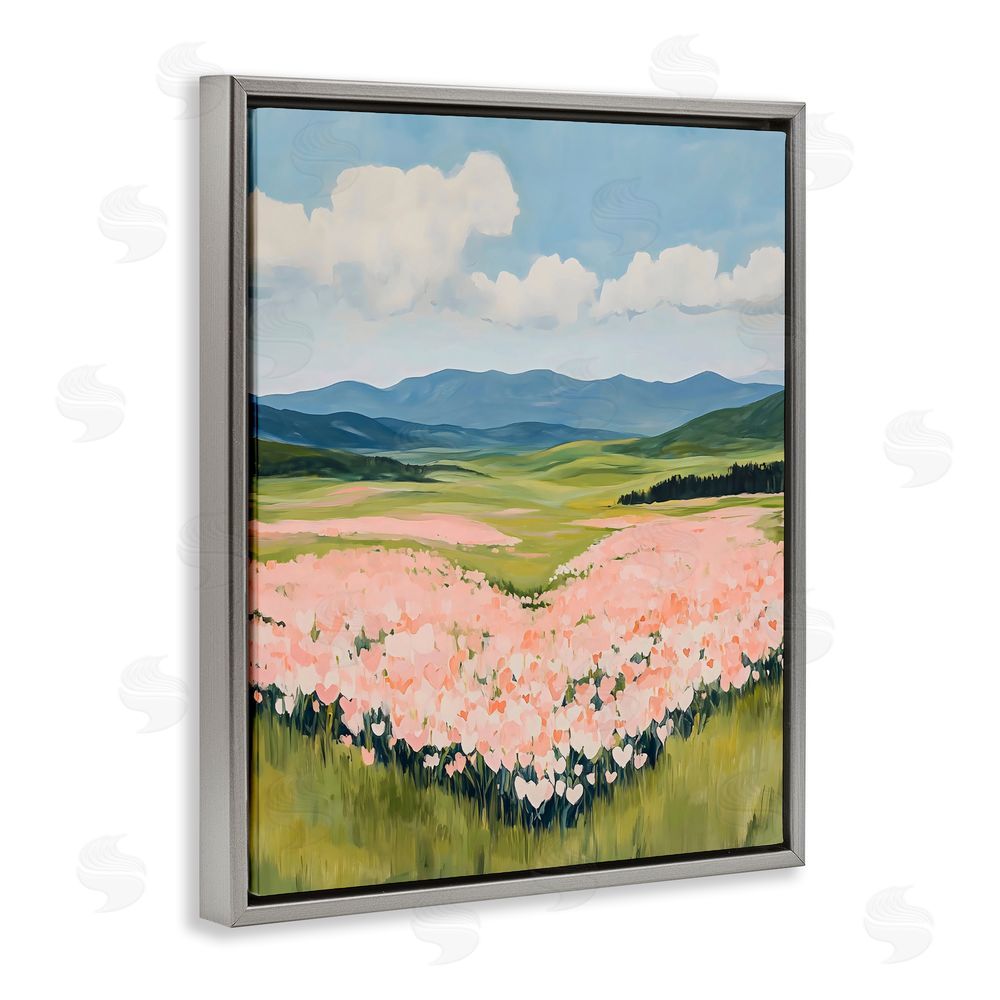 The Prints Vibe Heart Shaped Flower Field Gray Floating Framed Canvas Wall Art