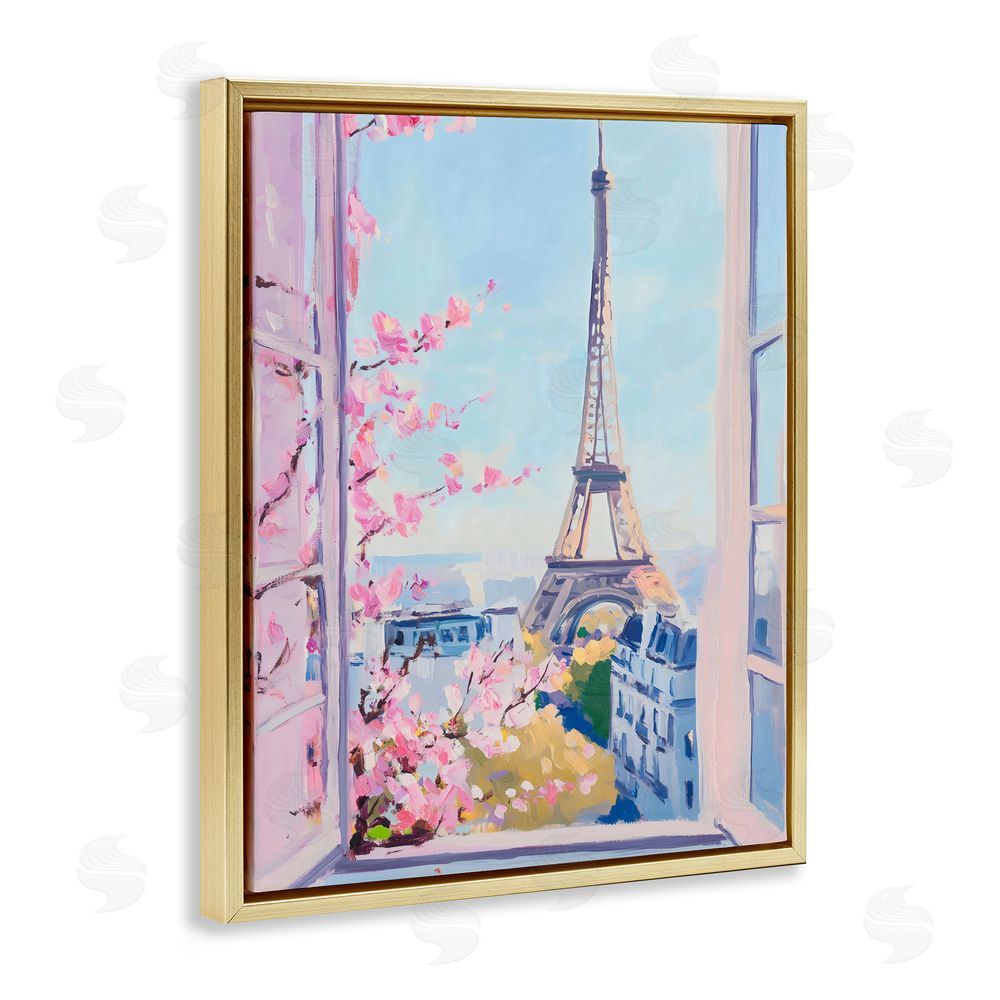 The Prints Vibe Eiffel Tower View in Spring Gold Floating Frame Canvas Wall Art Print