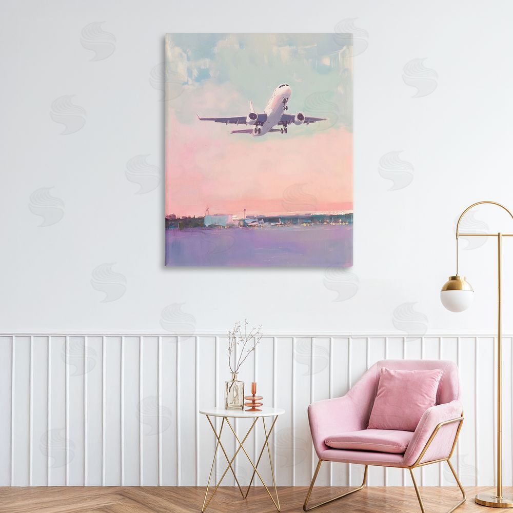 The Prints Vibe Airplane Takeoff into Pastel Skies Stretched Canvas Wall Art Print in Room