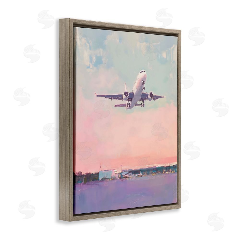 The Prints Vibe Airplane Takeoff into Pastel Skies Brown Floating Frame Stretched Canvas Wall Art Print