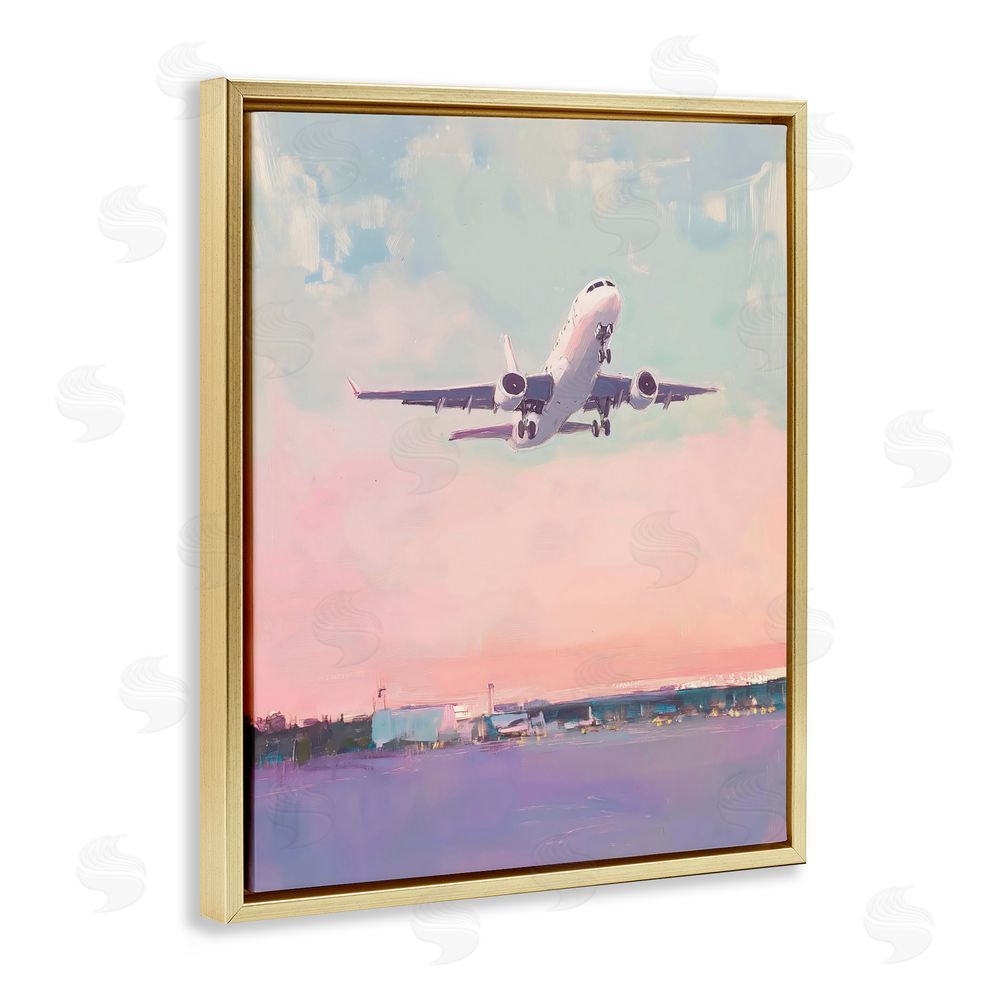 The Prints Vibe Airplane Takeoff into Pastel Skies Gold Floating Frame Stretched Canvas Wall Art Print