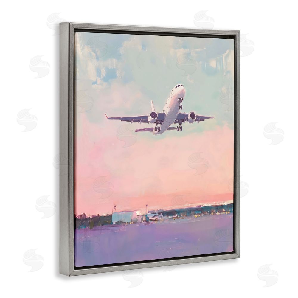 The Prints Vibe Airplane Takeoff into Pastel Skies Gray Floating Frame Stretched Canvas Wall Art Print
