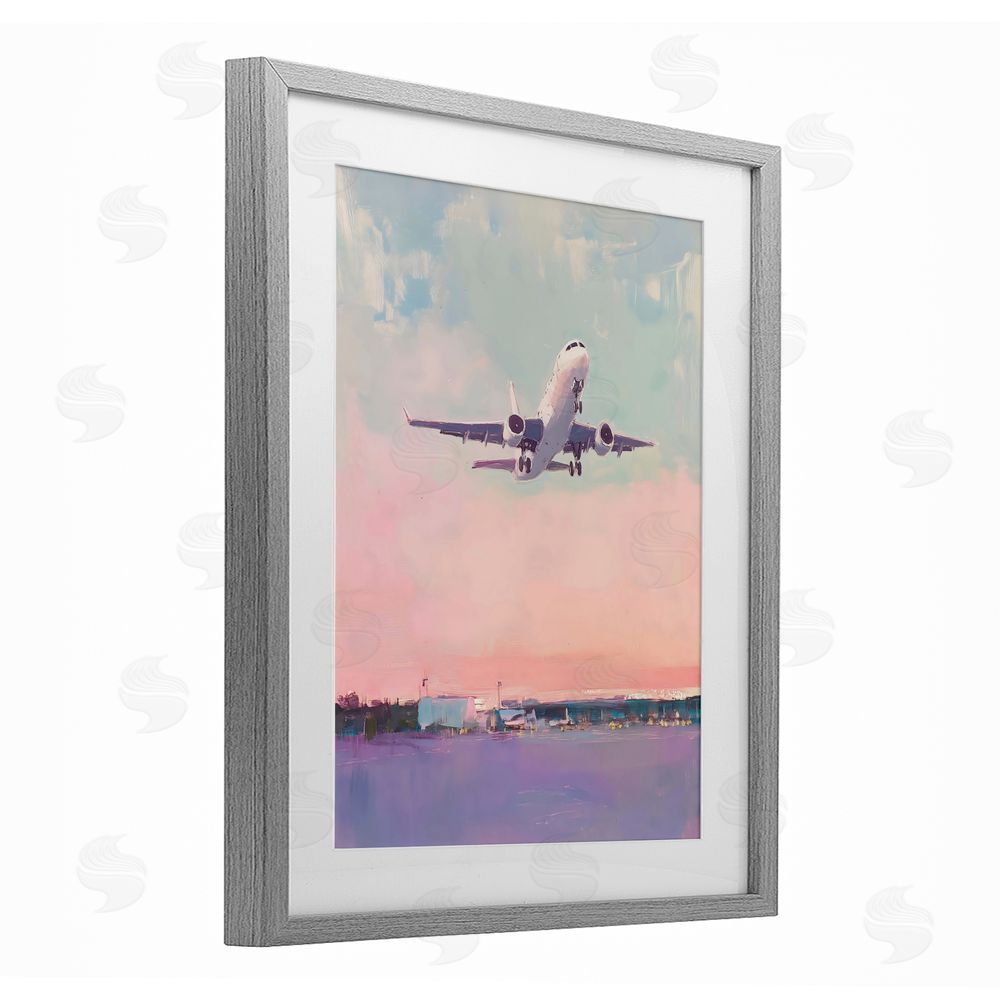 The Prints Vibe Airplane Takeoff into Pastel Skies Gray Framed Print Under Glass with Matting Wall Art