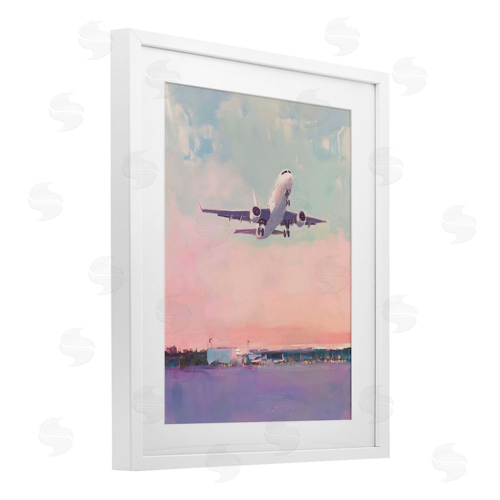 The Prints Vibe Airplane Takeoff into Pastel Skies White Framed Print Under Glass with Matting Wall Art