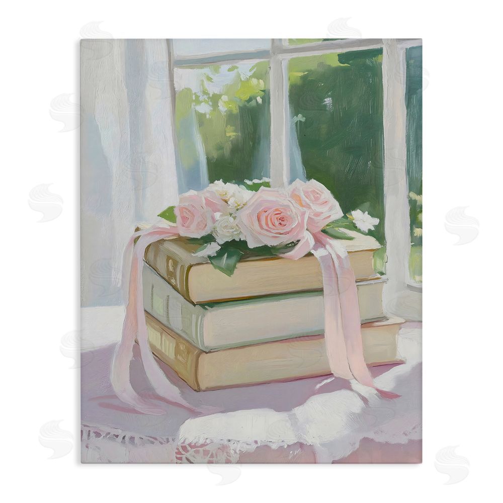 The Prints Vibe Stack Of Books with Roses Stretched Canvas Wall Art Print