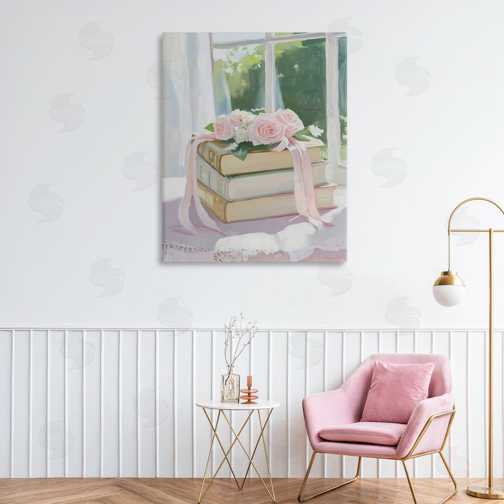 The Prints Vibe Stack Of Books with Roses Stretched Canvas on Wall