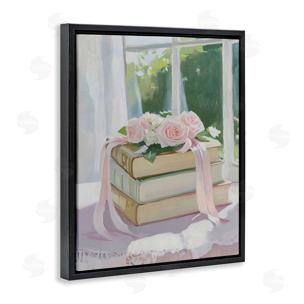 The Prints Vibe Stack Of Books with Roses Black Floating Framed Canvas Wall Art Print