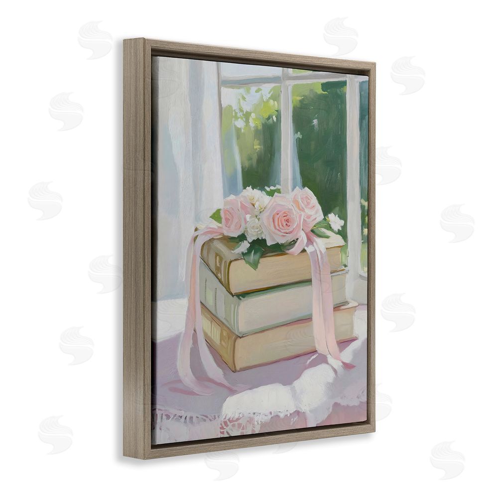 The Prints Vibe Stack Of Books with Roses Brown Floating Framed Canvas Wall Art Print