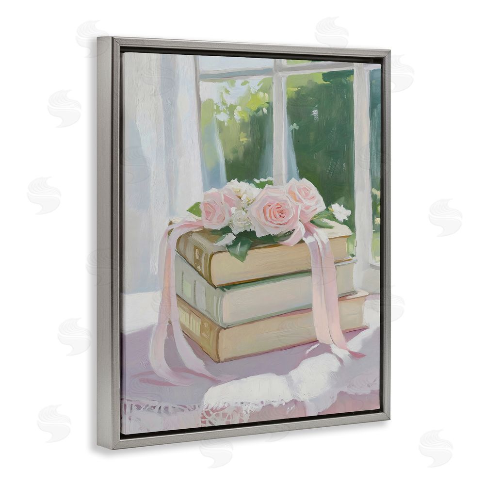The Prints Vibe Stack Of Books with Roses Gray Floating Framed Canvas Wall Art Print