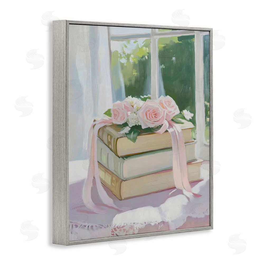 The Prints Vibe Stack Of Books with Roses Gray Framed Giclee Wall Art Print