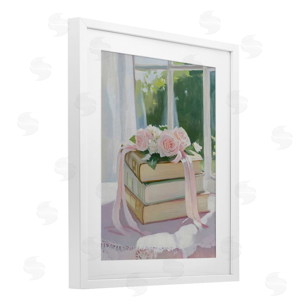 The Prints Vibe Stack Of Books with Roses White Framed Print Under Glass with White Mat Wall Art