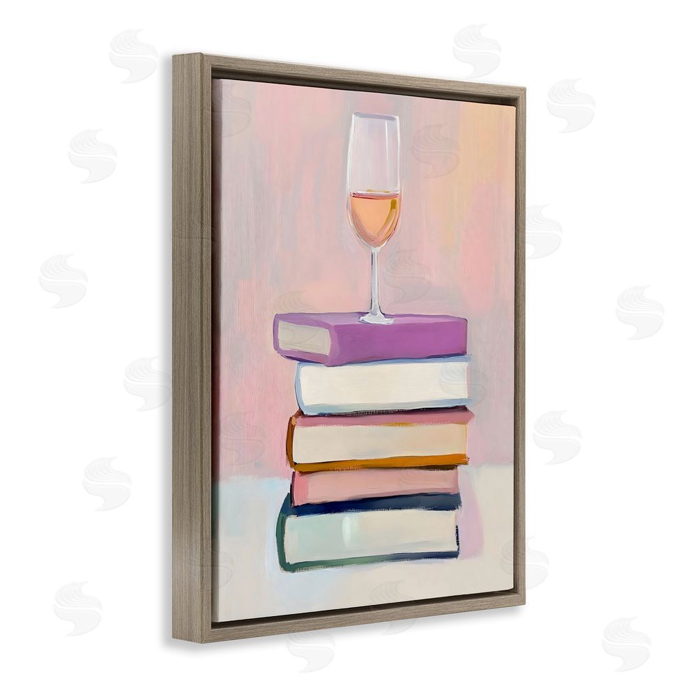 The Prints Vibe Books & Champagne Lifestyle Brown Floating Frame Stretched Canvas Wall Art Print