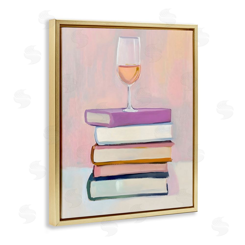 The Prints Vibe Books & Champagne Lifestyle Gold Floating Frame Stretched Canvas Wall Art Print