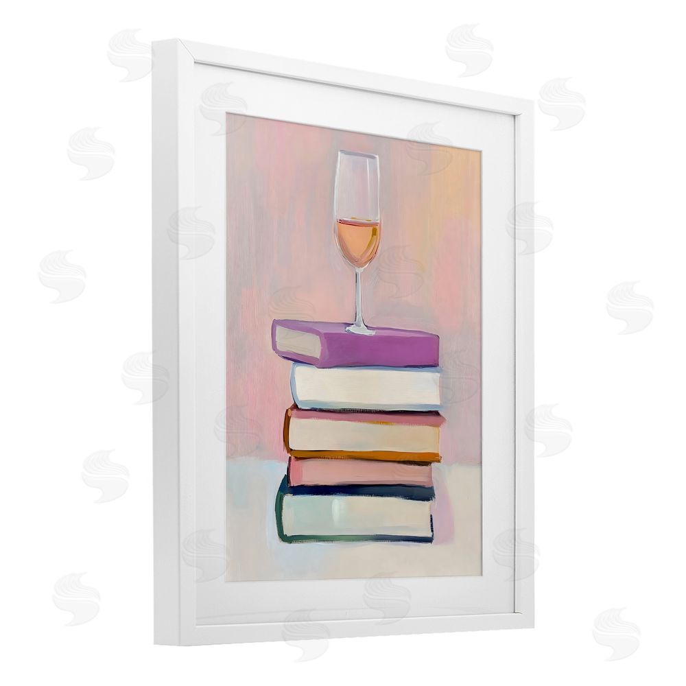 The Prints Vibe Books & Champagne Lifestyle White Framed Print Under Glass with Matting Wall Art