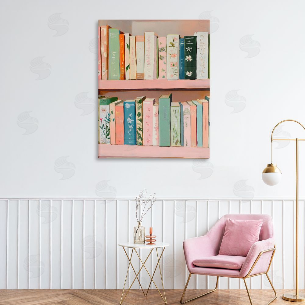 The Prints Vibe Book Lover's Pastel Shelf Stretched Canvas Wall Art Print in Room