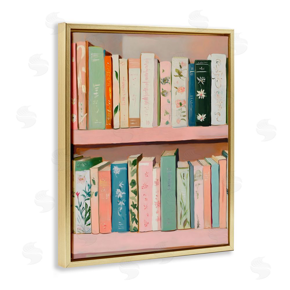 The Prints Vibe Book Lover's Pastel Shelf Gold Floating Frame Stretched Canvas Wall Art Print