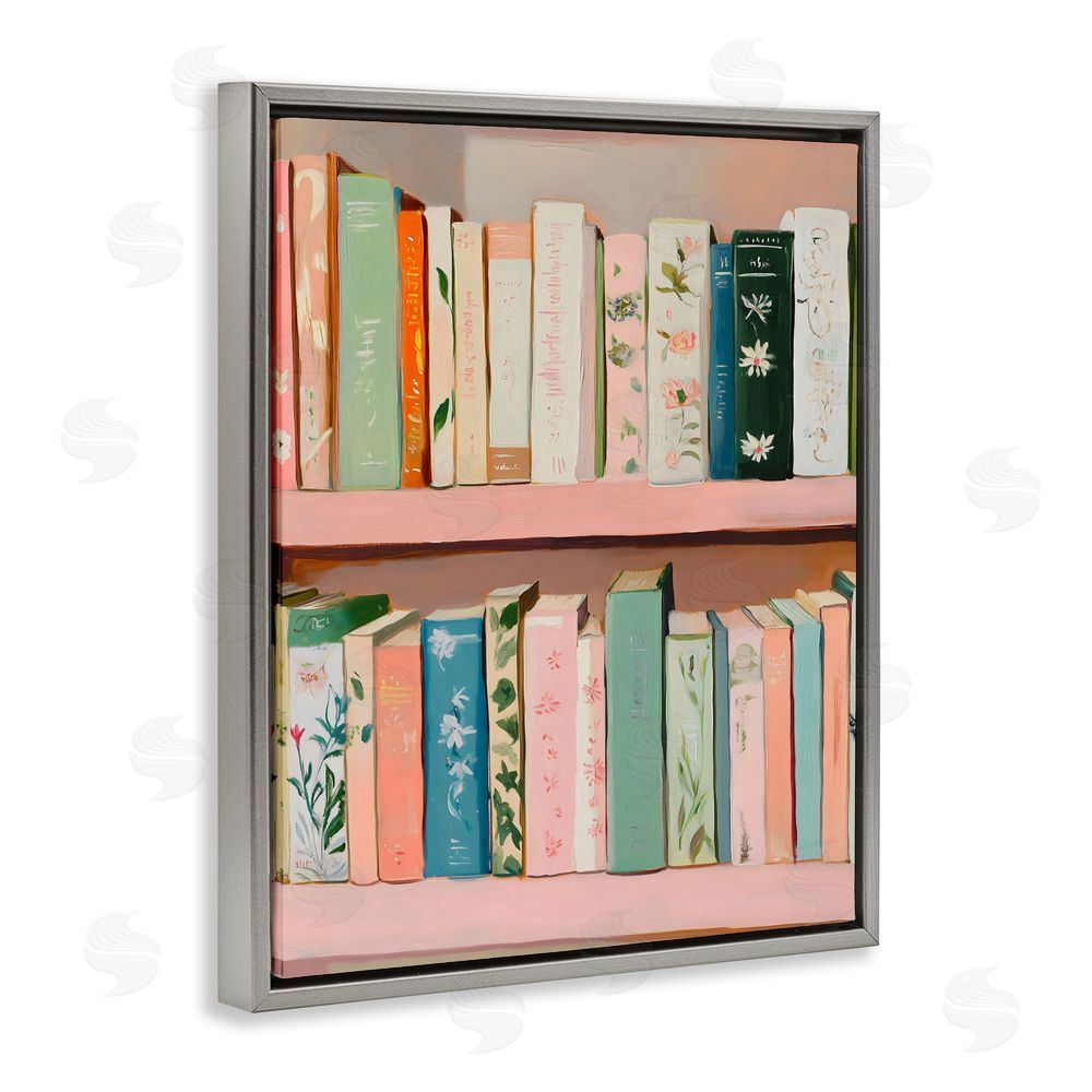 The Prints Vibe Book Lover's Pastel Shelf Gray Floating Frame Stretched Canvas Wall Art Print
