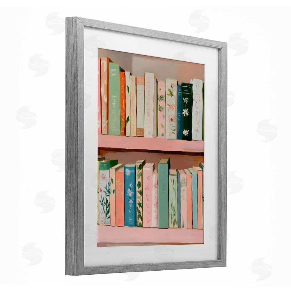 The Prints Vibe Book Lover's Pastel Shelf Gray Framed Print Under Glass with Matting Wall Art